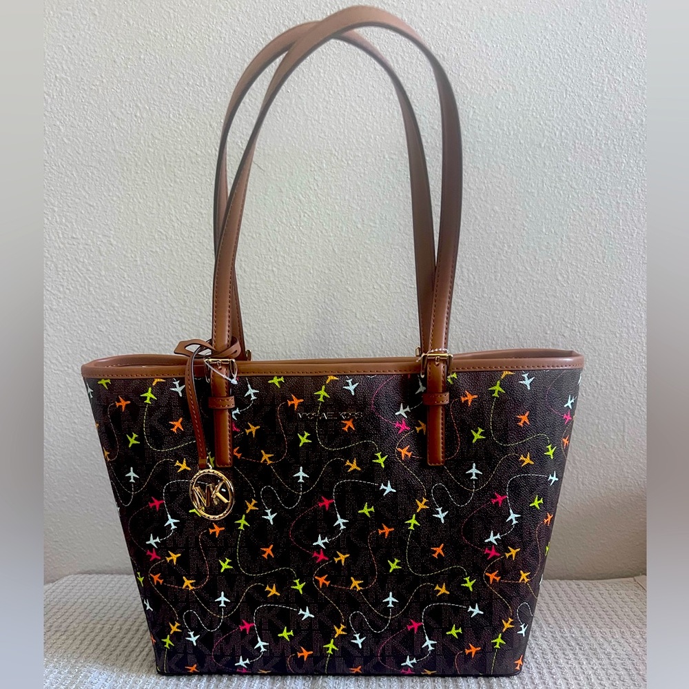 Michael Kors Jet Set Brown Multi Color Airplane Print Carryall Tote Brand New